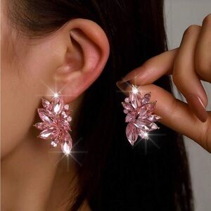 Pink Crystal Leaf Cluster Earrings - Women Jewelry